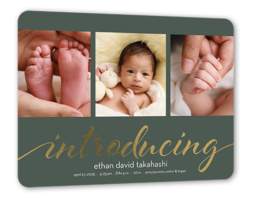 Shining Introductions Birth Announcement, Green, Gold Foil, 6x8 Flat, Signature Smooth Cardstock, Rounded