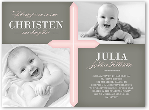 Glorious Cross Girl Baptism Invitation, Pink, Pearl Shimmer Cardstock, Square