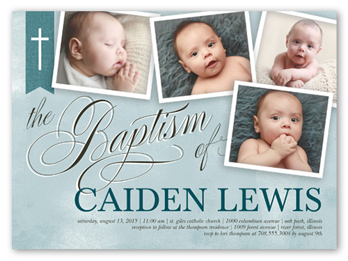 Cross Ribbon Boy Baptism Invitation, Blue, Pearl Shimmer Cardstock, Square