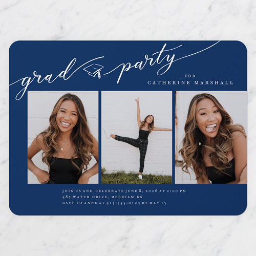 Flourished Grad Graduation Invitation, Blue, 6x8 Flat, Signature Smooth Cardstock, Rounded, Navy