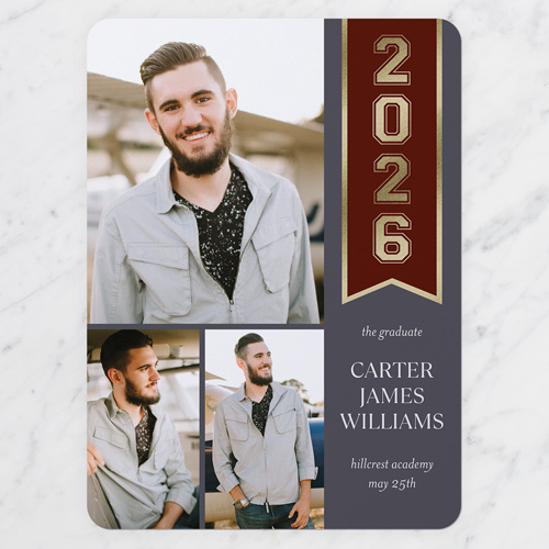 Banner Year Graduation Announcement, Grey, 6x8 Flat, Signature Smooth Cardstock, Rounded, Metal