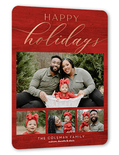 Rustic Festive Moments Holiday Card, Red, Rose Gold Foil, 6x8 Flat, Holiday, Signature Smooth Cardstock, Rounded, Red