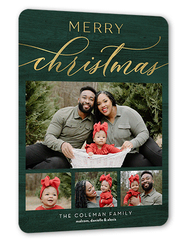 Rustic Festive Moments Holiday Card, Green, Gold Foil, 6x8 Flat, Christmas, Signature Smooth Cardstock, Rounded, Green