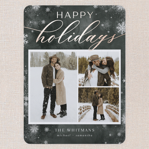 Stunning Snowfall Holiday Card, Rose Gold Foil, Green, 6x8 Flat, Holiday, Signature Smooth Cardstock, Rounded, Green