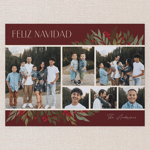 Botanicals Gallery Holiday Card, Red, 6x8 Flat, Feliz Navidad, Pearl Shimmer Cardstock, Square, Velvet