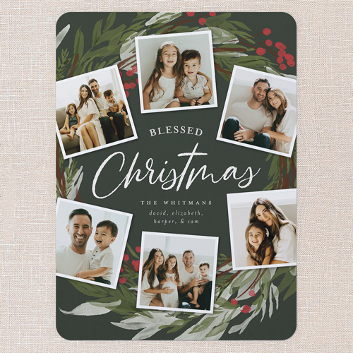 Wreath Photos Holiday Card, Green, 6x8 Flat, Religious, 100% Recycled Cardstock , Rounded, Pine