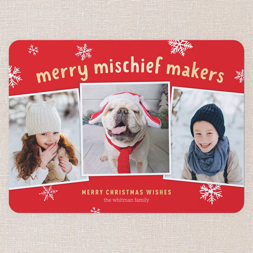 Mischief Makers Holiday Card, Red, 6x8 Flat, Christmas, Pearl Shimmer Cardstock, Rounded, Tomato