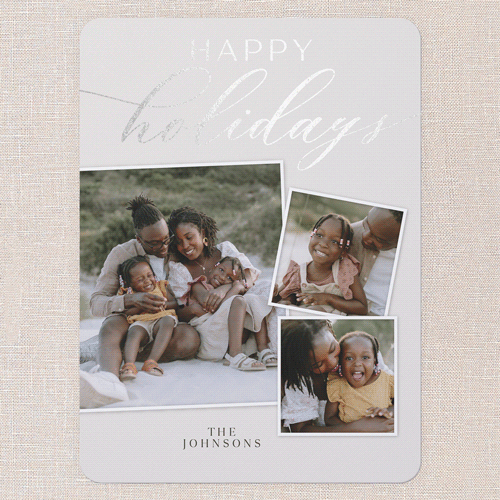 Luxe Scripted Holiday Card, Beige, Silver Foil, 6x8 Flat, Holiday, Signature Smooth Cardstock, Rounded, Cream