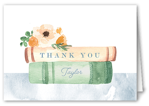 Stacked Books Thank You Card, Blue, 3x5, Matte, Folded Smooth Cardstock, Celeste