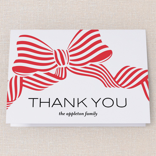Striped Bow Invite Thank You Card, White, 3x5, Matte, Folded Smooth Cardstock, Almond