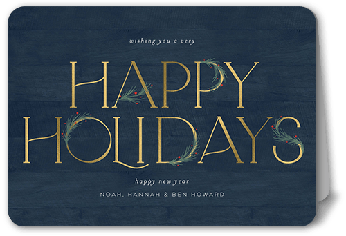 Art Deco Evergreen Holiday Card, Blue, 5x7 Folded, Holiday, Pearl Shimmer Cardstock, Rounded