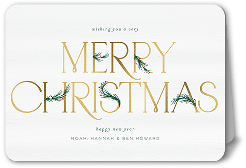 Art Deco Evergreen Holiday Card, White, 5x7 Folded, Christmas, Pearl Shimmer Cardstock, Rounded