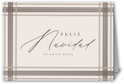 Brushed Plaid Border Holiday Card, Grey, 5x7 Folded, Feliz Navidad, Pearl Shimmer Cardstock, Square