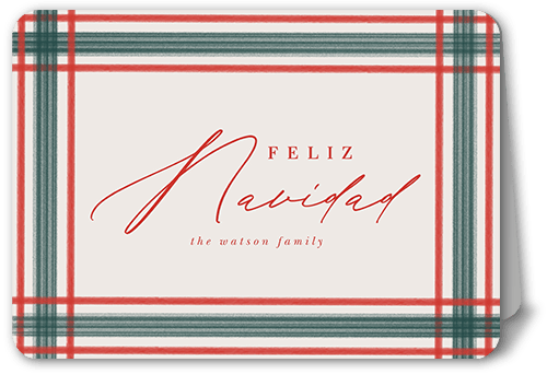 Brushed Plaid Border Holiday Card, Red, 5x7 Folded, Feliz Navidad, Matte, Folded Smooth Cardstock, Rounded, Red