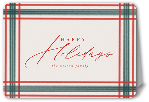 Brushed Plaid Border Holiday Card, Red, 5x7 Folded, Holiday, Pearl Shimmer Cardstock, Rounded