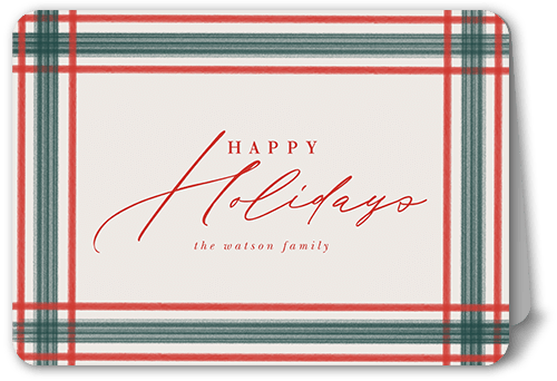 Brushed Plaid Border Holiday Card, Red, 5x7 Folded, Holiday, Matte, Folded Smooth Cardstock, Rounded, Red