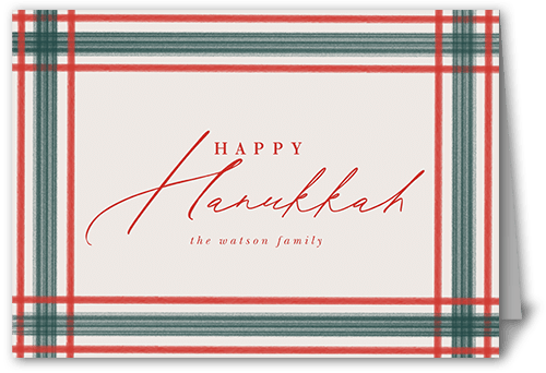 Brushed Plaid Border Holiday Card, Red, 5x7 Folded, Hanukkah, Pearl Shimmer Cardstock, Square, Red