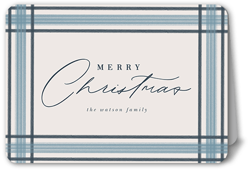 Brushed Plaid Border Holiday Card, Blue, 5x7 Folded, Christmas, Pearl Shimmer Cardstock, Rounded, Blue Suede