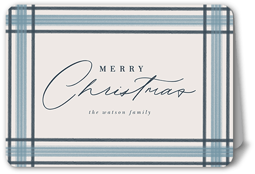 Brushed Plaid Border Holiday Card, Blue, 5x7 Folded, Christmas, Matte, Folded Smooth Cardstock, Rounded