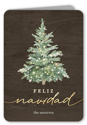 Watercolor Tree Holiday Card, Brown, 5x7 Folded, Feliz Navidad, Matte, Folded Smooth Cardstock, Rounded