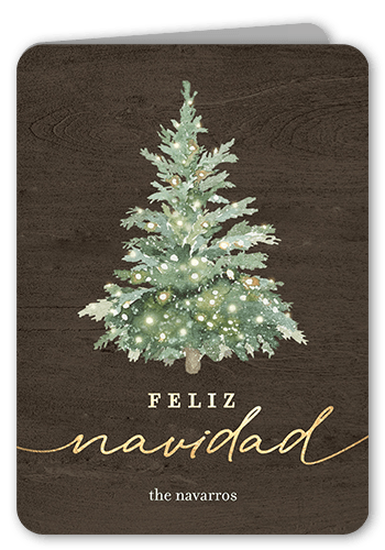 Watercolor Tree Holiday Card, Brown, 5x7 Folded, Feliz Navidad, Matte, Folded Smooth Cardstock, Rounded, Coffee