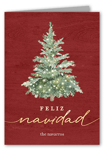 Watercolor Tree Holiday Card, Red, 5x7 Folded, Feliz Navidad, Pearl Shimmer Cardstock, Square