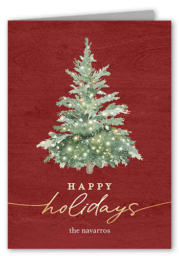 Watercolor Tree Holiday Card, Red, 5x7 Folded, Holiday, Pearl Shimmer Cardstock, Square, Red