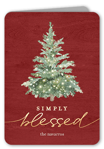 Watercolor Tree Holiday Card, Red, 5x7 Folded, Religious, Pearl Shimmer Cardstock, Rounded