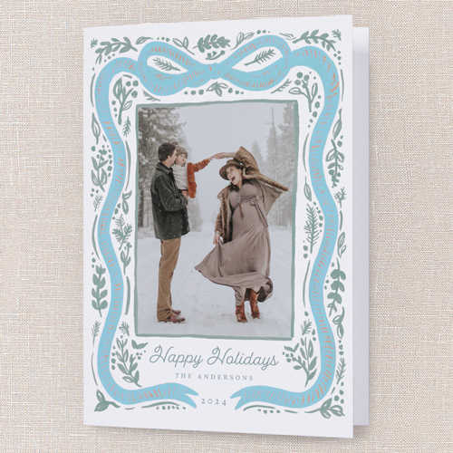 Vintage Bow Holiday Card, Blue, 5x7 Folded, Holiday, Pearl Shimmer Cardstock, Square