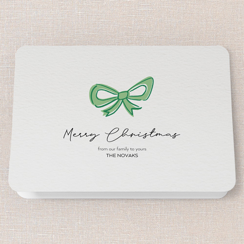 Joyful Bow Tidings Holiday Card, Green, 5x7 Folded, Christmas, Pearl Shimmer Cardstock, Rounded, Green