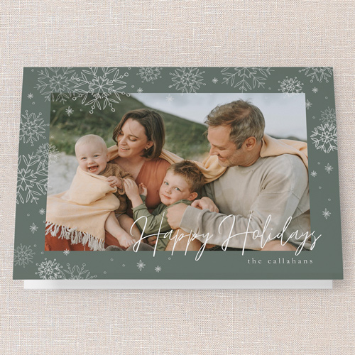 Faint Snowflakes Holiday Card, Green, 5x7 Folded, Holiday, Pearl Shimmer Cardstock, Square
