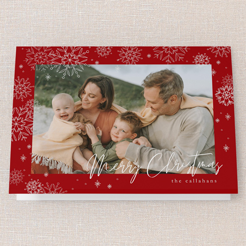 Faint Snowflakes Holiday Card, Red, 5x7 Folded, Christmas, Pearl Shimmer Cardstock, Square