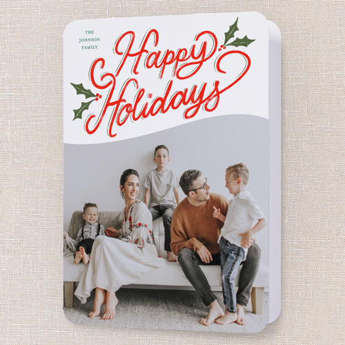 Vibrant Holly Greetings Holiday Card, White, 5x7 Folded, Holiday, Pearl Shimmer Cardstock, Rounded, White