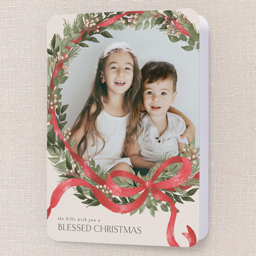 Merry Ribbon Wreath Holiday Card, Beige, 5x7 Folded, Religious, Matte, Folded Smooth Cardstock, Rounded, Cream