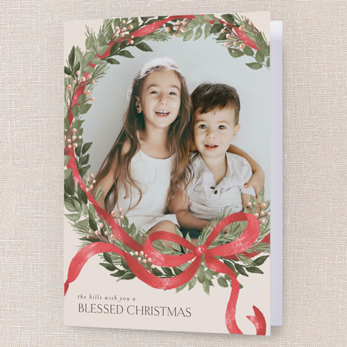Merry Ribbon Wreath Holiday Card, Beige, 5x7 Folded, Religious, Pearl Shimmer Cardstock, Square, Cream