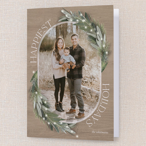 Lush Evergreen Elegance Holiday Card, Beige, 5x7 Folded, Holiday, Pearl Shimmer Cardstock, Square, Tan