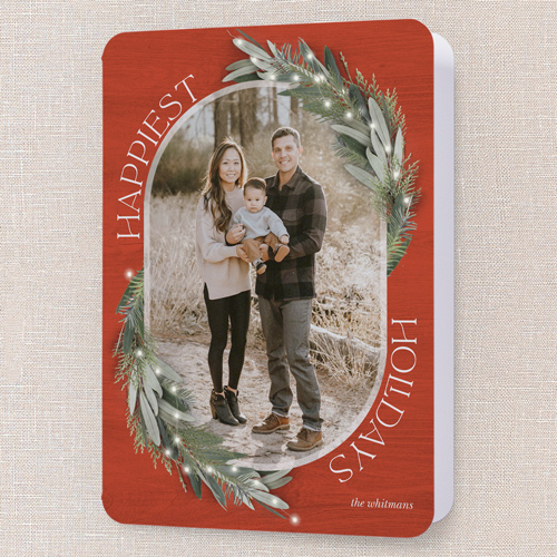 Lush Evergreen Elegance Holiday Card, Red, 5x7 Folded, Holiday, Matte, Folded Smooth Cardstock, Rounded