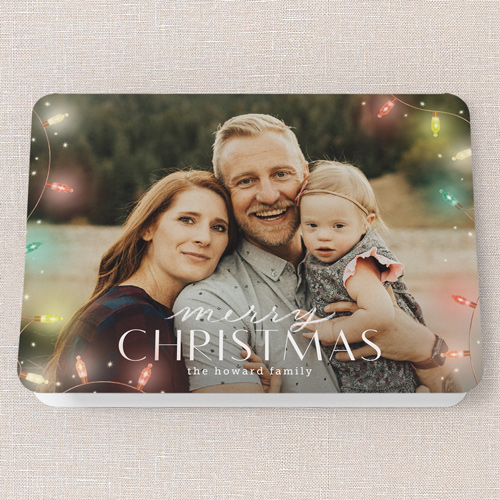 Beaming Bulbs Holiday Card, Red, 5x7 Folded, Christmas, Pearl Shimmer Cardstock, Rounded, Holiday