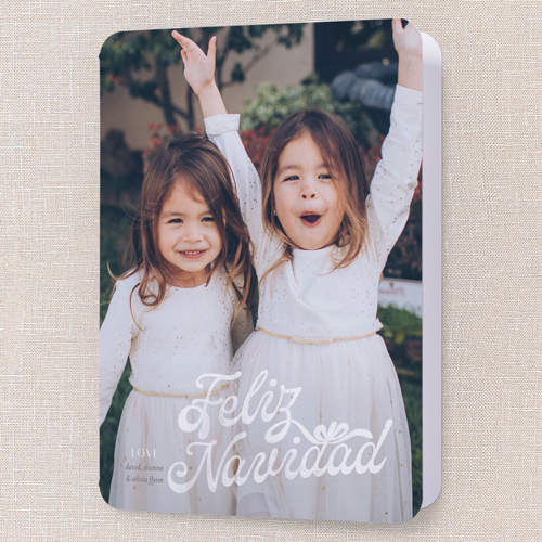 Looped Sentiment Holiday Card, White, 5x7 Folded, Feliz Navidad, Pearl Shimmer Cardstock, Rounded, White