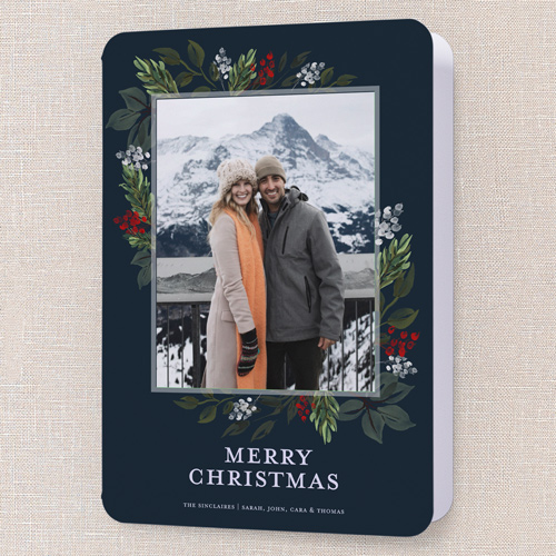 Blissful Foliage Holiday Card, Blue, 5x7 Folded, Christmas, Pearl Shimmer Cardstock, Rounded, Indigo