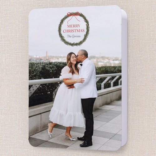 Wreathed Greetings Holiday Card, Red, 5x7 Folded, Christmas, Pearl Shimmer Cardstock, Rounded, Apple