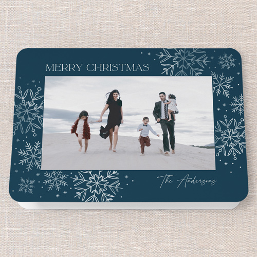 Filigree Flakes Holiday Card, Blue, 5x7 Folded, Christmas, Pearl Shimmer Cardstock, Rounded, Nautical