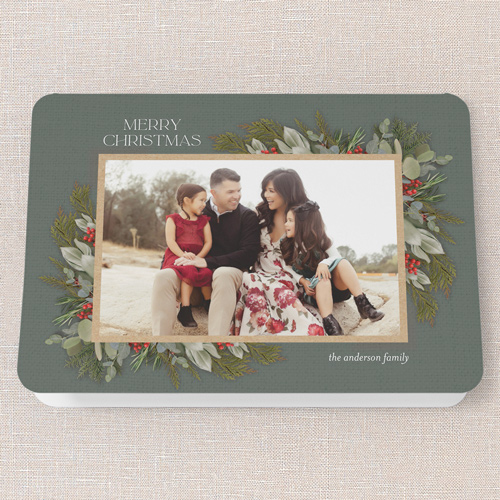 Hollied Corners Holiday Card, Green, 5x7 Folded, Christmas, Pearl Shimmer Cardstock, Rounded, Tree