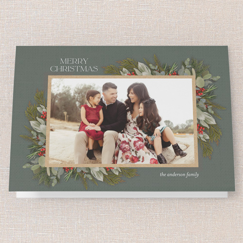 Hollied Corners Holiday Card, Green, 5x7 Folded, Christmas, Pearl Shimmer Cardstock, Square, Tree
