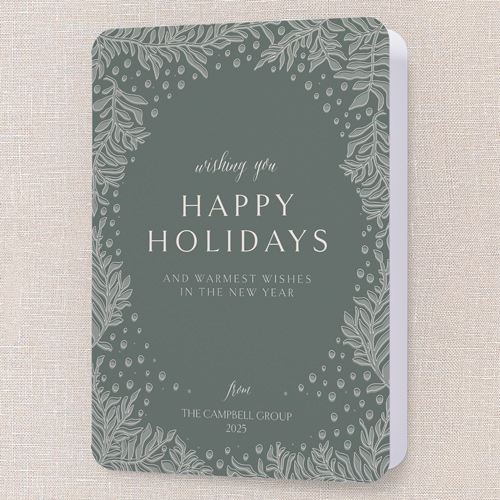 Festive Whiskers Holiday Card, Green, 5x7 Folded, Holiday, Pearl Shimmer Cardstock, Rounded, Sage