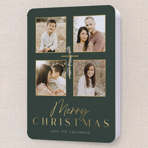 Decorated Cross Religious Christmas Card, Green, 5x7 Folded, Religious, Pearl Shimmer Cardstock, Rounded, Pine Grove