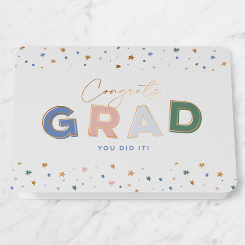 Sparkle Confetti Graduation Greeting Card, White, 5x7 Folded, Pearl Shimmer Cardstock, Rounded