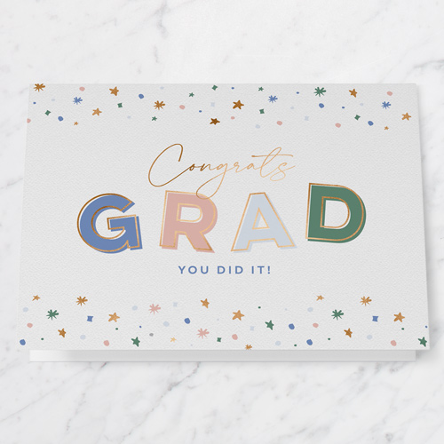 Sparkle Confetti Graduation Greeting Card, White, 5x7 Folded, Pearl Shimmer Cardstock, Square