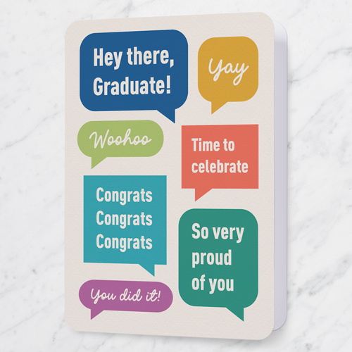 Chat Bubbles Graduation Greeting Card, Beige, 5x7 Folded, Pearl Shimmer Cardstock, Rounded