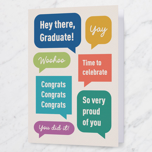 Chat Bubbles Graduation Greeting Card, Beige, 5x7 Folded, Pearl Shimmer Cardstock, Square